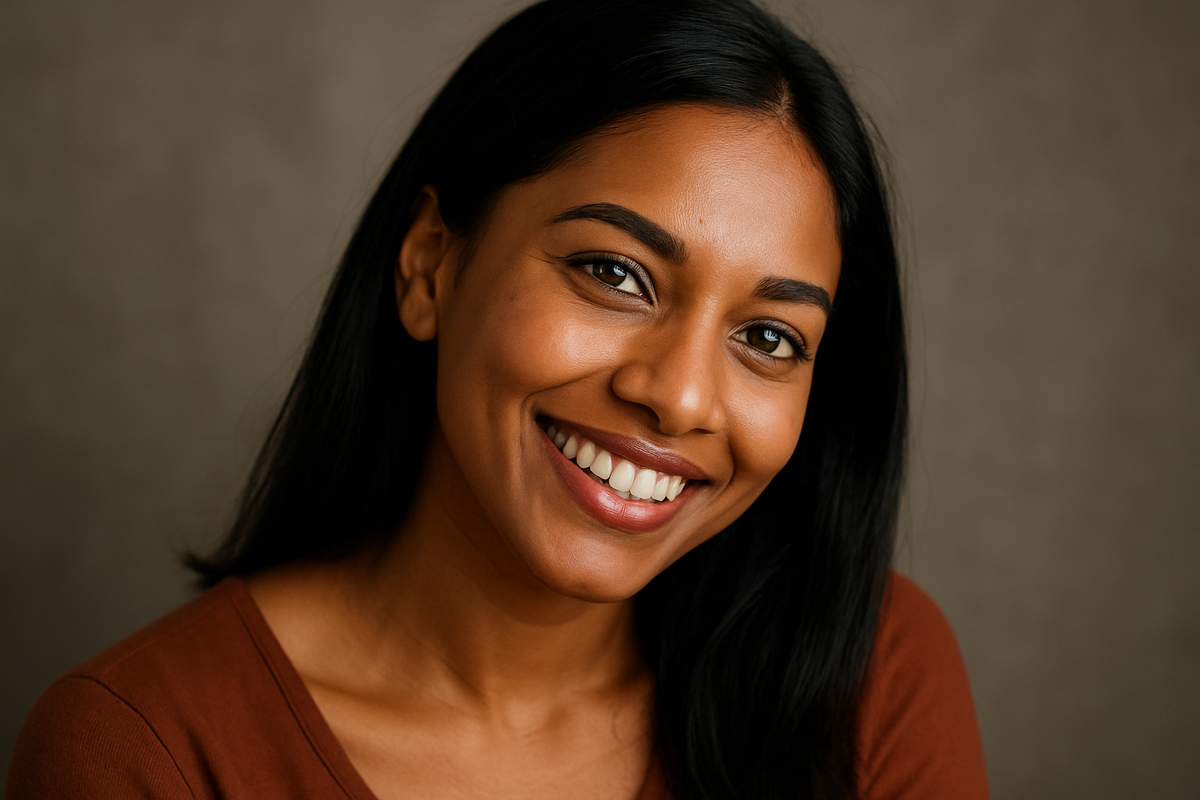 a brown in complexion lady smilling while tilting her head to the side slightly. make eyes green and make her hair black