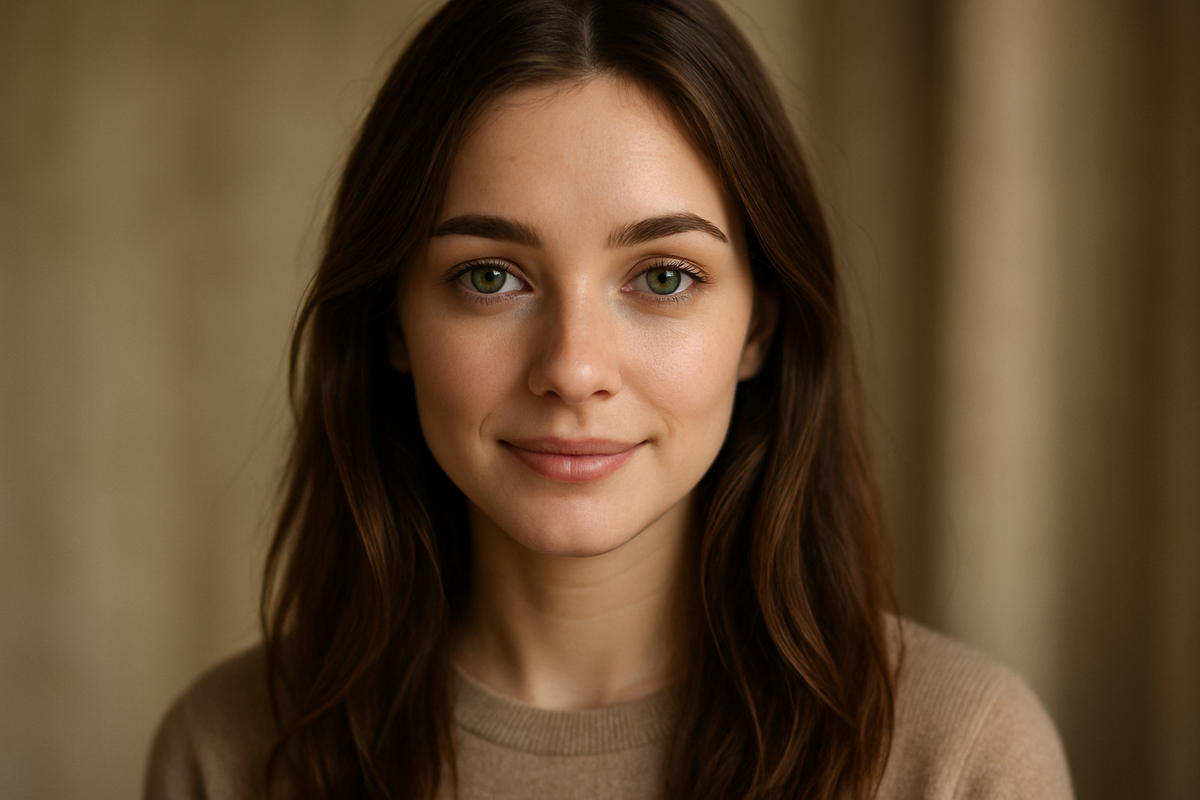 a young lady with brown hair and green eyes smiling subtly